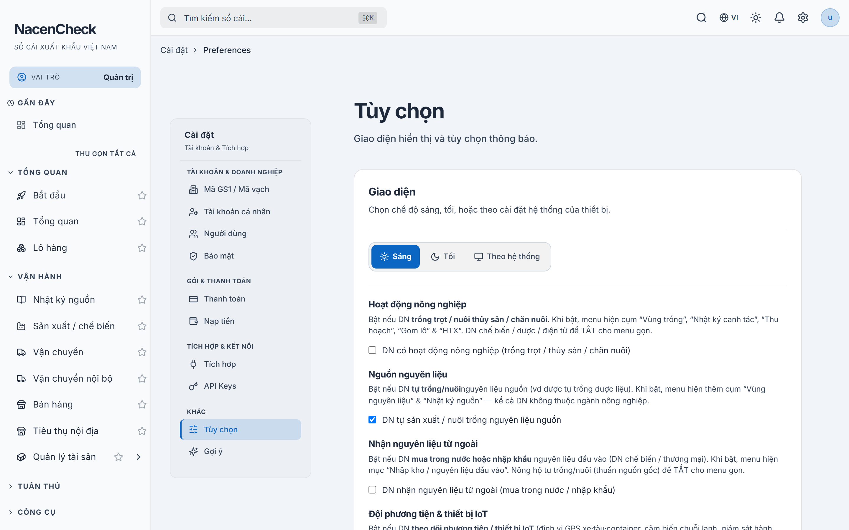 Tab Tùy chọn — công tắc bật/tắt nhóm chức năng