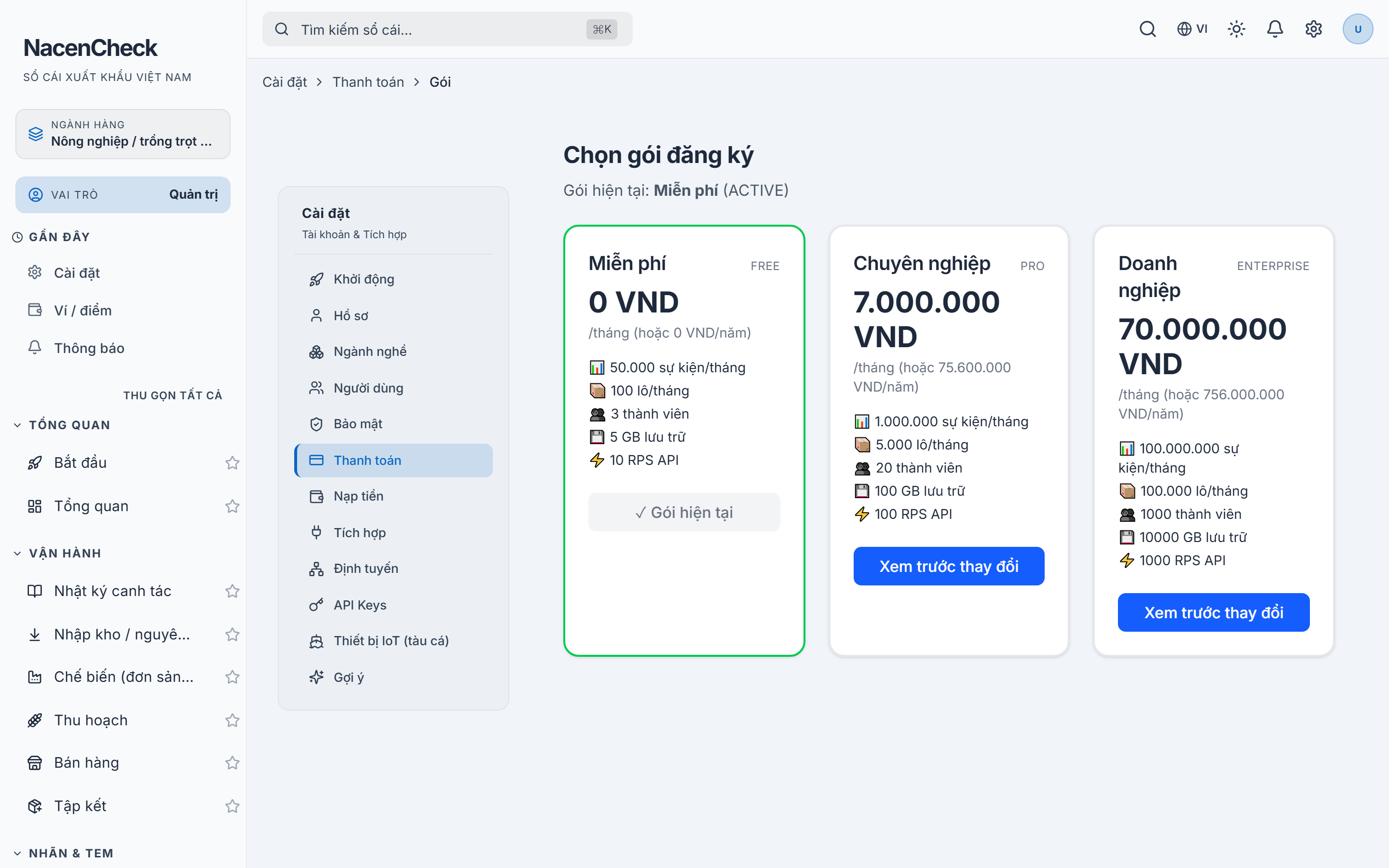 Danh sách gói dịch vụ
