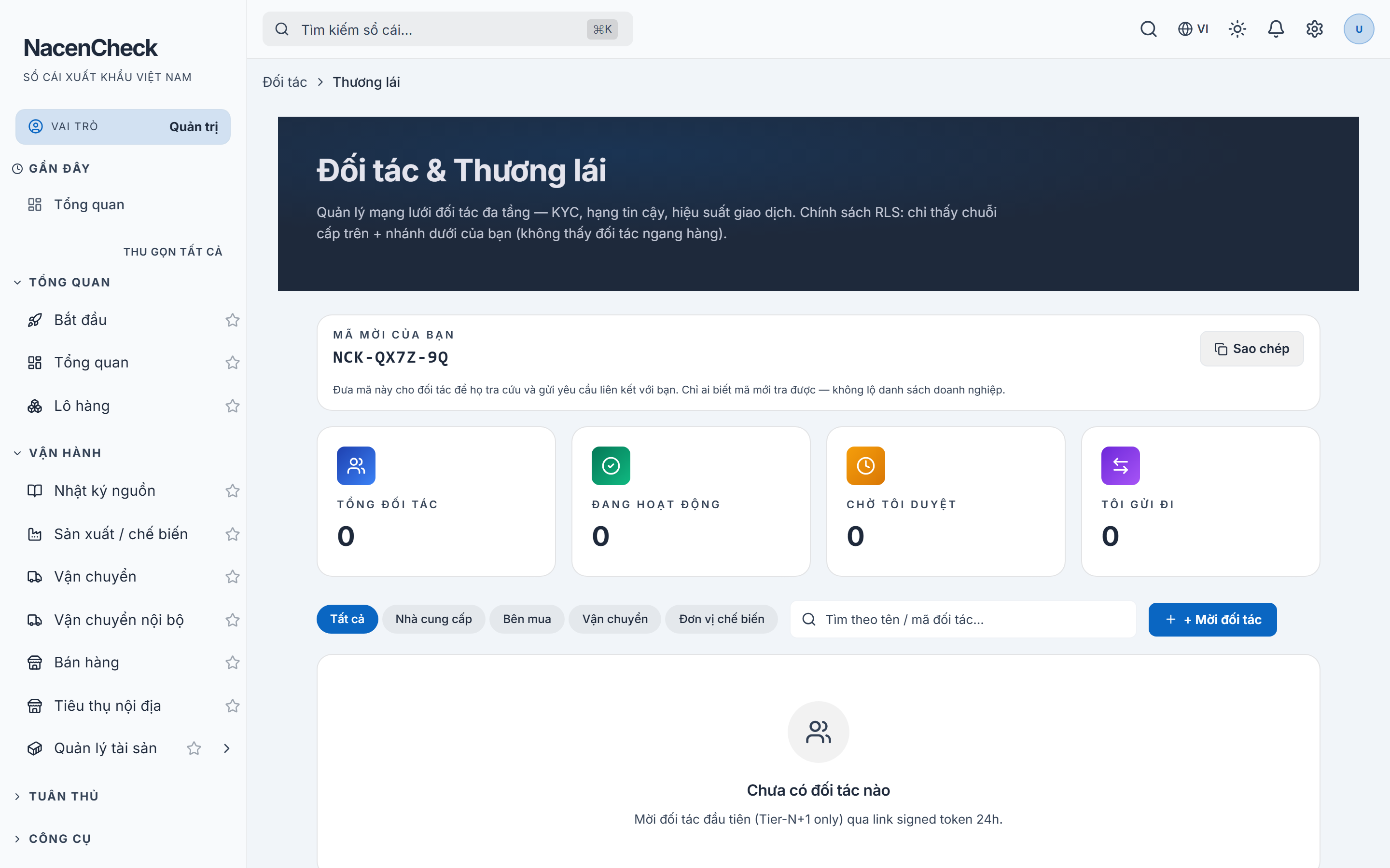 Trang Đối tác & Thương lái — mã mời, thẻ tổng, bộ lọc loại quan hệ