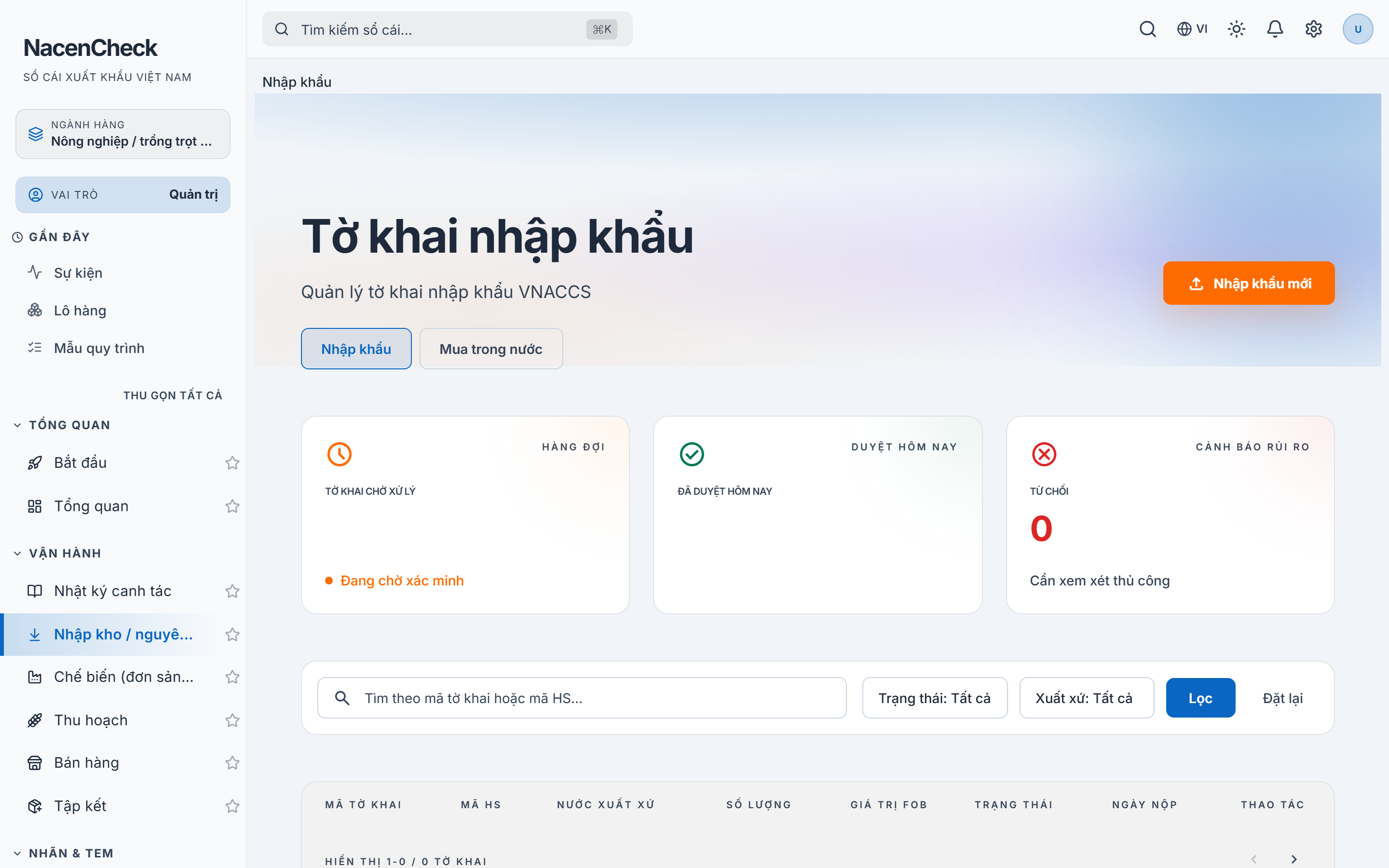 Màn hình nhập nguyên liệu