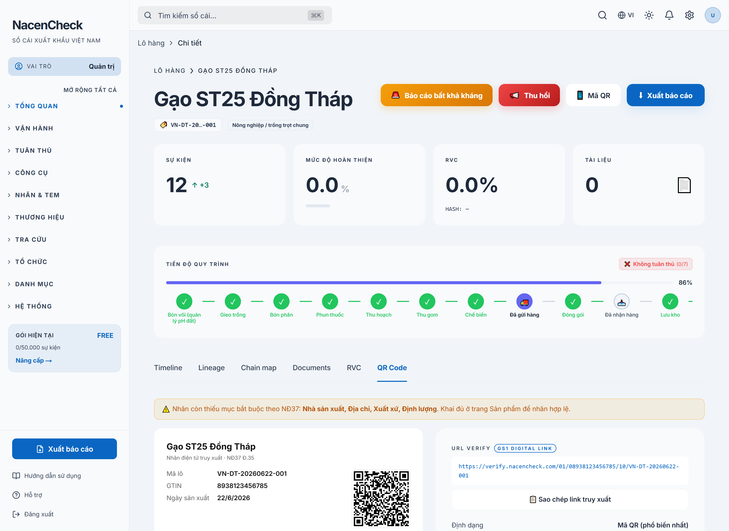 Tab QR Code — mã QR + link GS1 Digital Link + nút sao chép