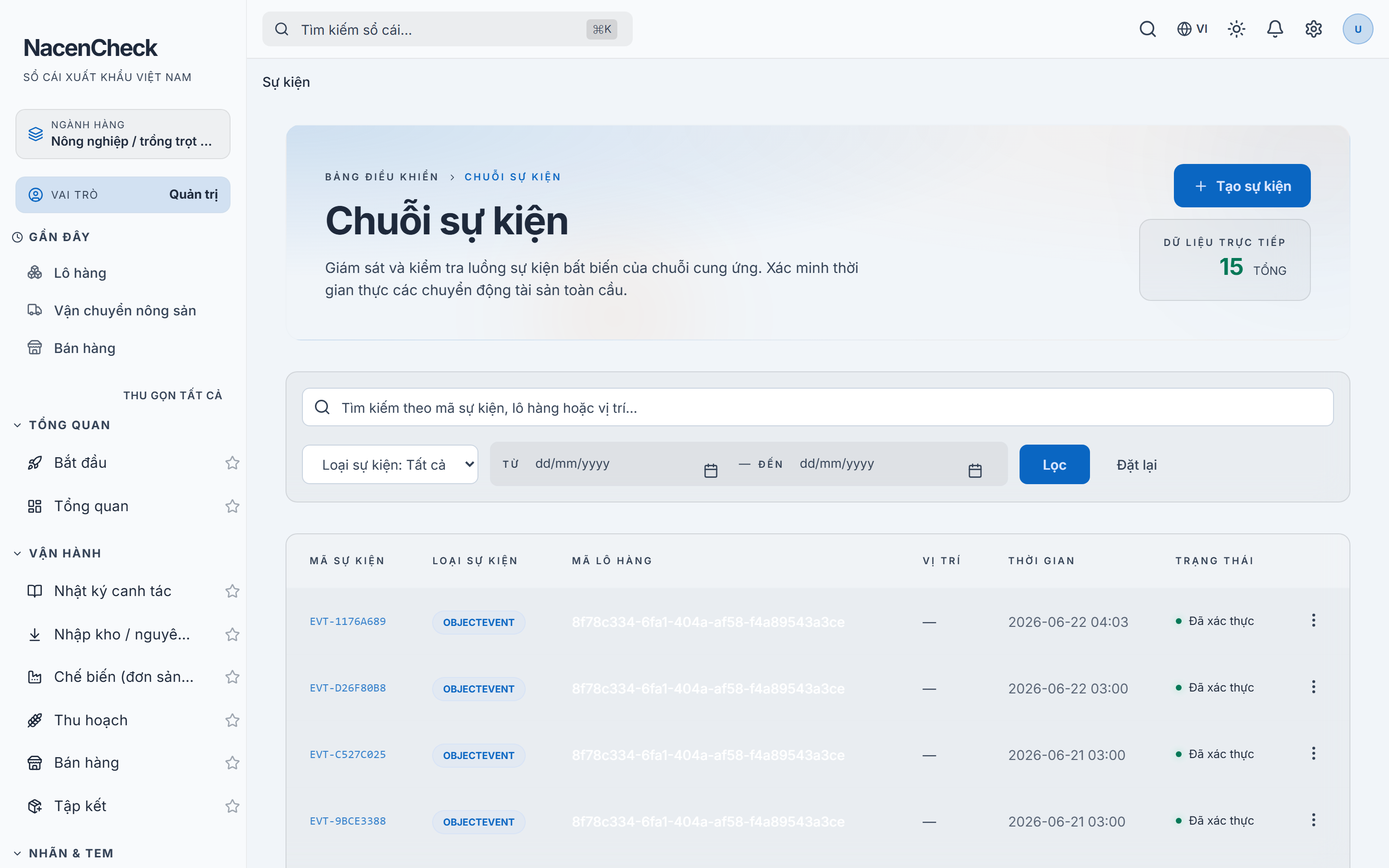 Danh sách sự kiện