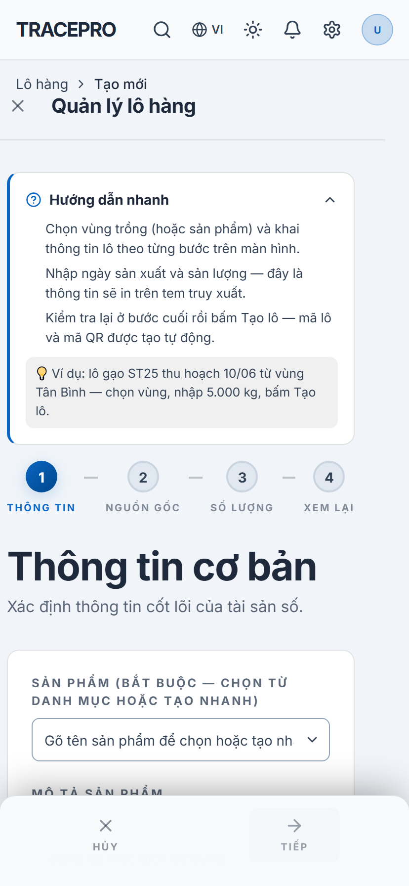 Giao diện tạo lô 4 bước trên điện thoại
