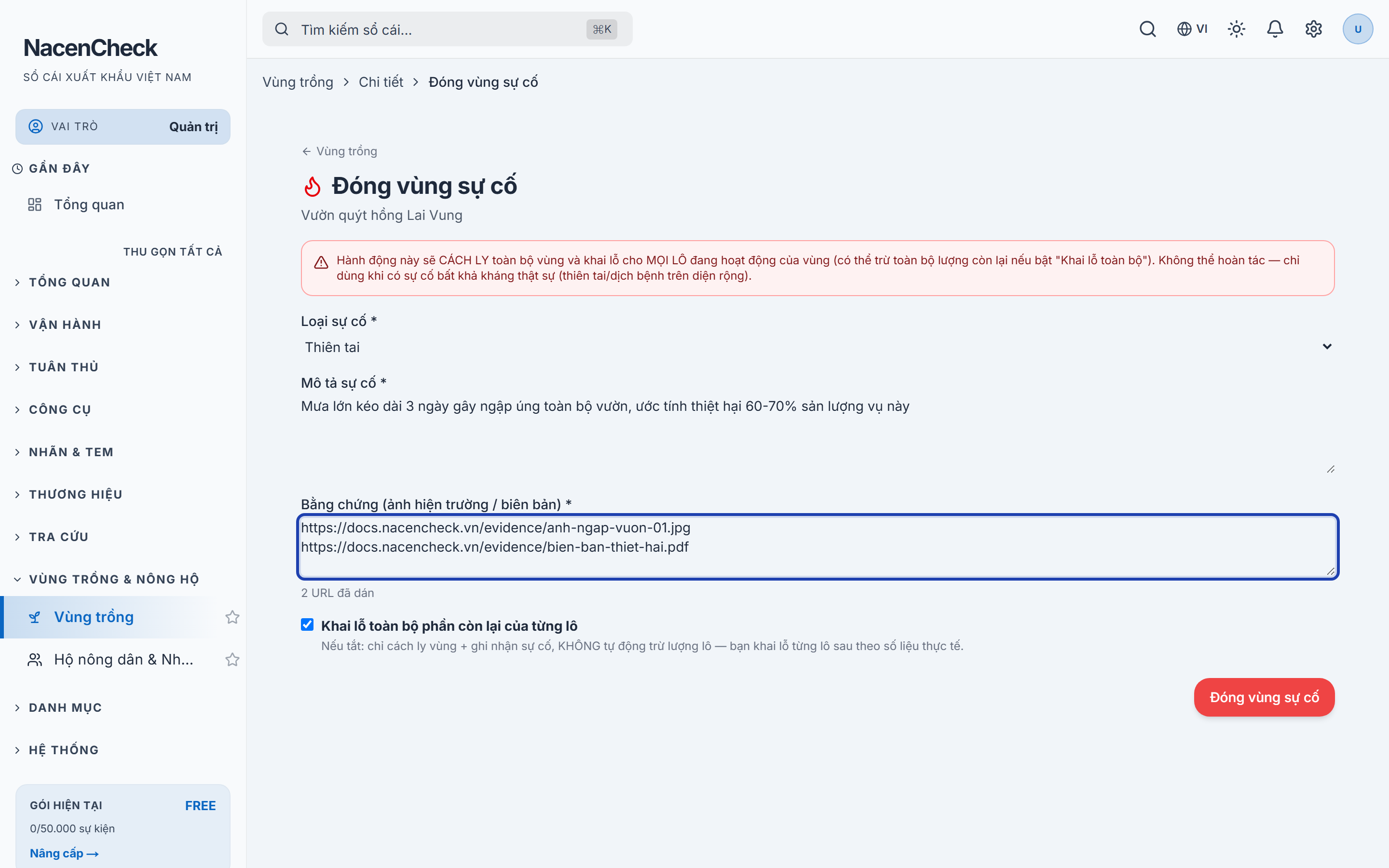 Form đóng vùng sự cố đã điền đầy đủ