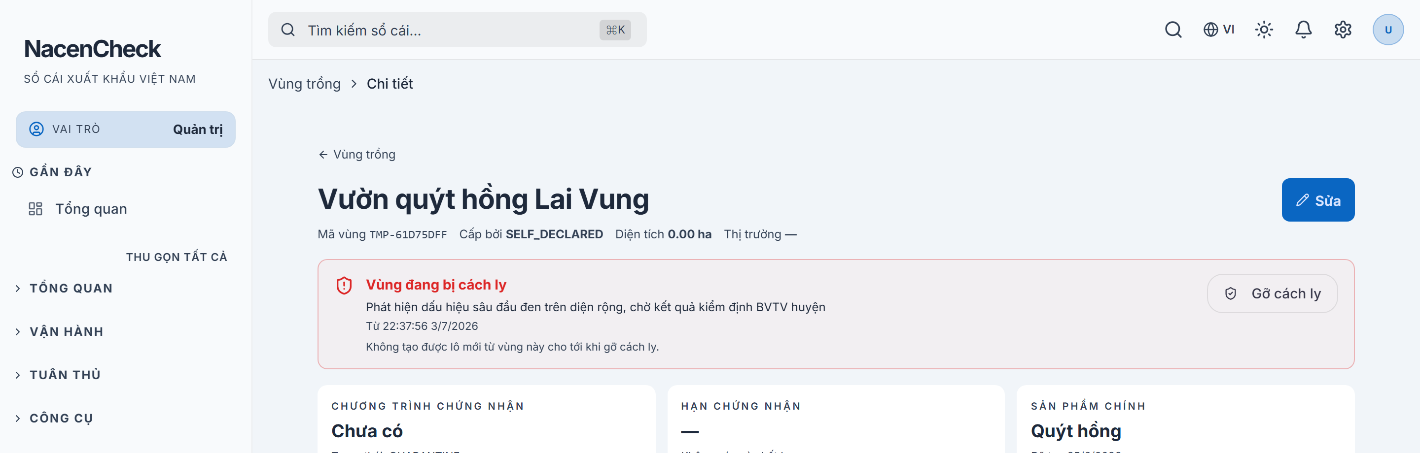 Banner cách ly hiển thị lý do + thời điểm