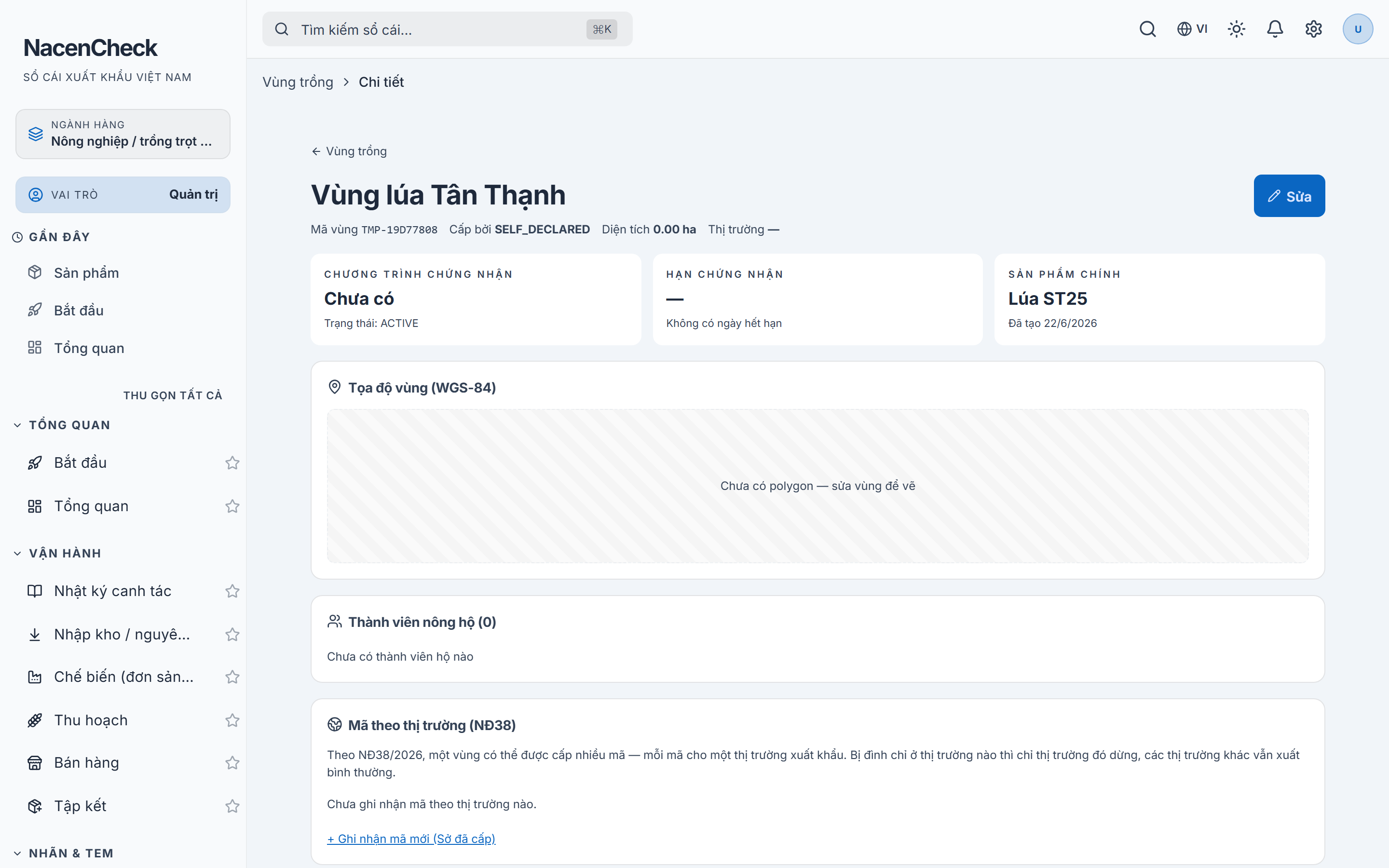 Chi tiết vùng trồng với các tab