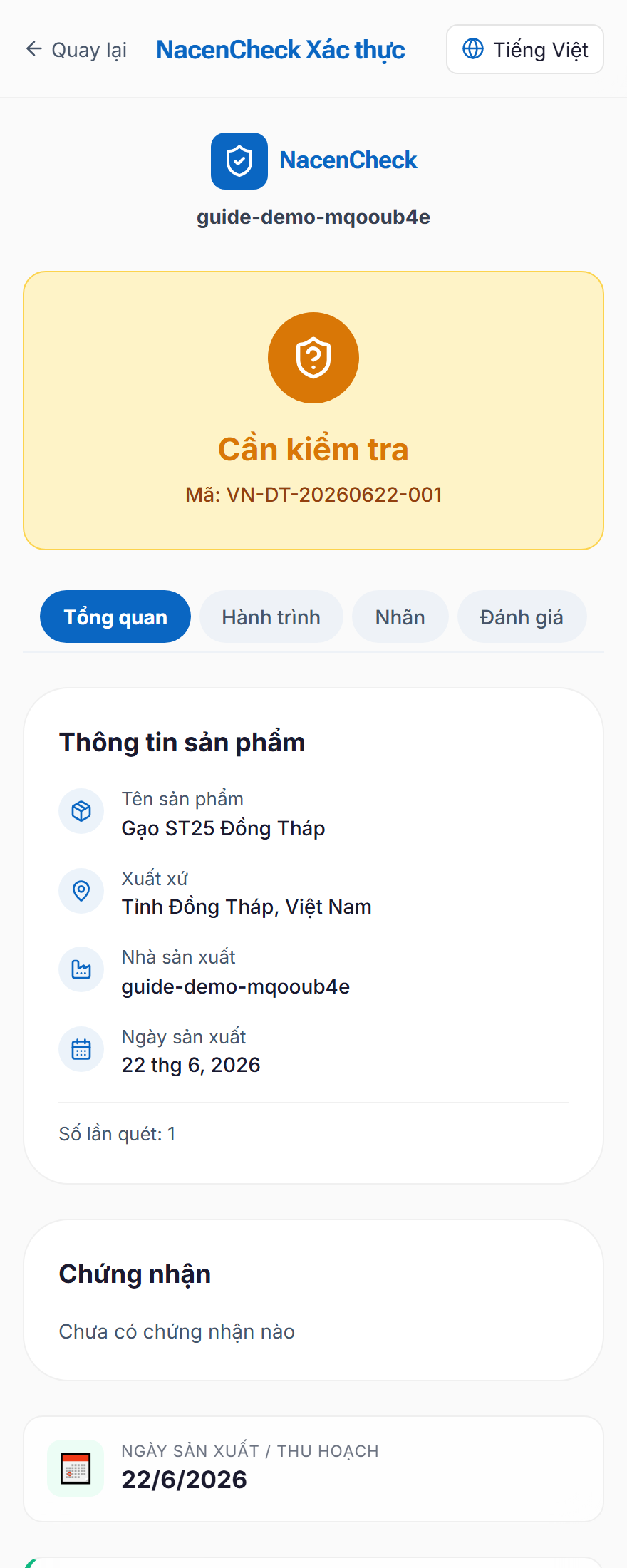 Trang truy xuất nguồn gốc sản phẩm