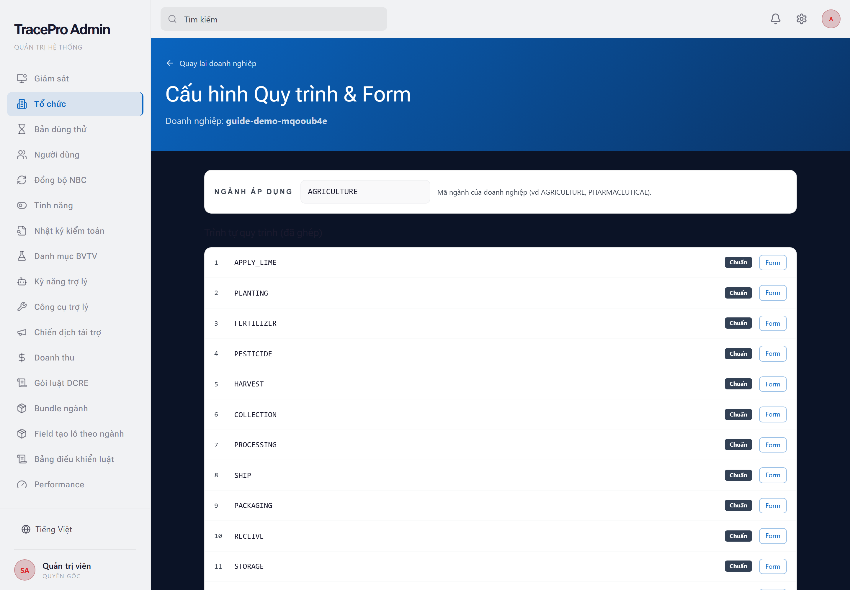 Cấu hình quy trình cho tenant